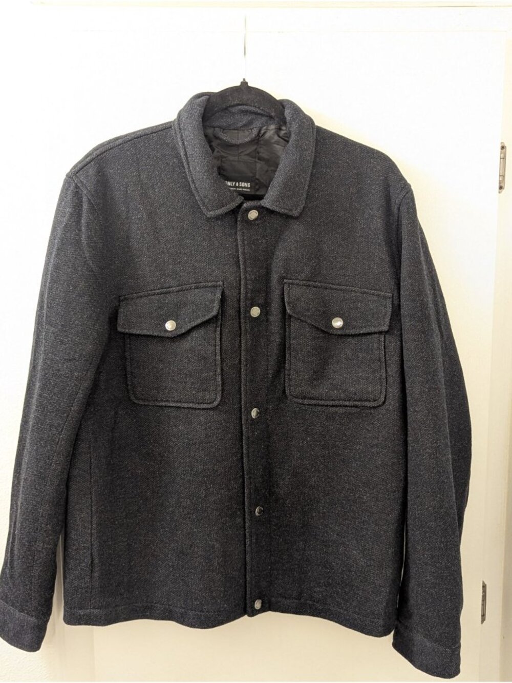 Only & Sons Mens Dark Gray Button-Up Overshirt Jacket With Snap Pockets - Size M